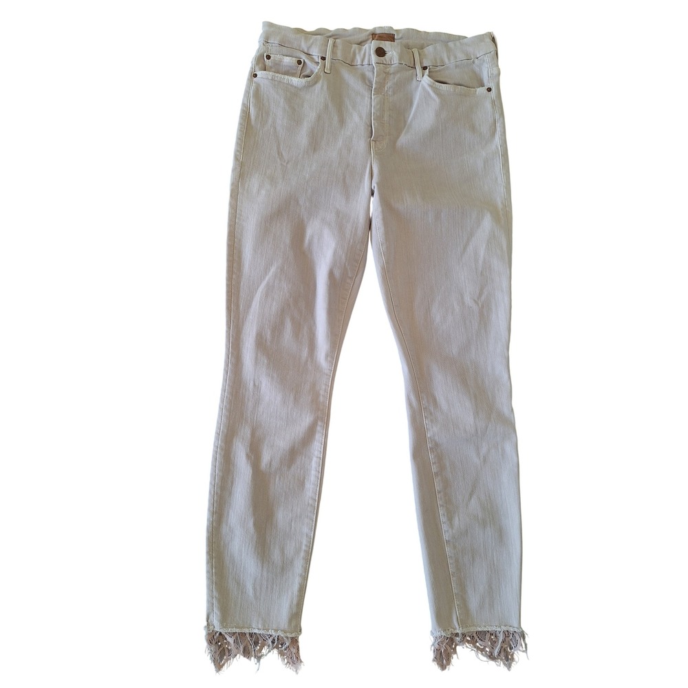 Mother High Waisted Looker Dagger Ankle Fray Jeans Beige Lace Trim Size 32